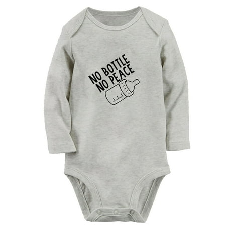

No Bottle No Peace Funny Rompers Newborn Baby Unisex Bodysuits Infant Jumpsuits Toddler 0-12 Months Kids Long Sleeves Oufits (Gray 0-6 Months)