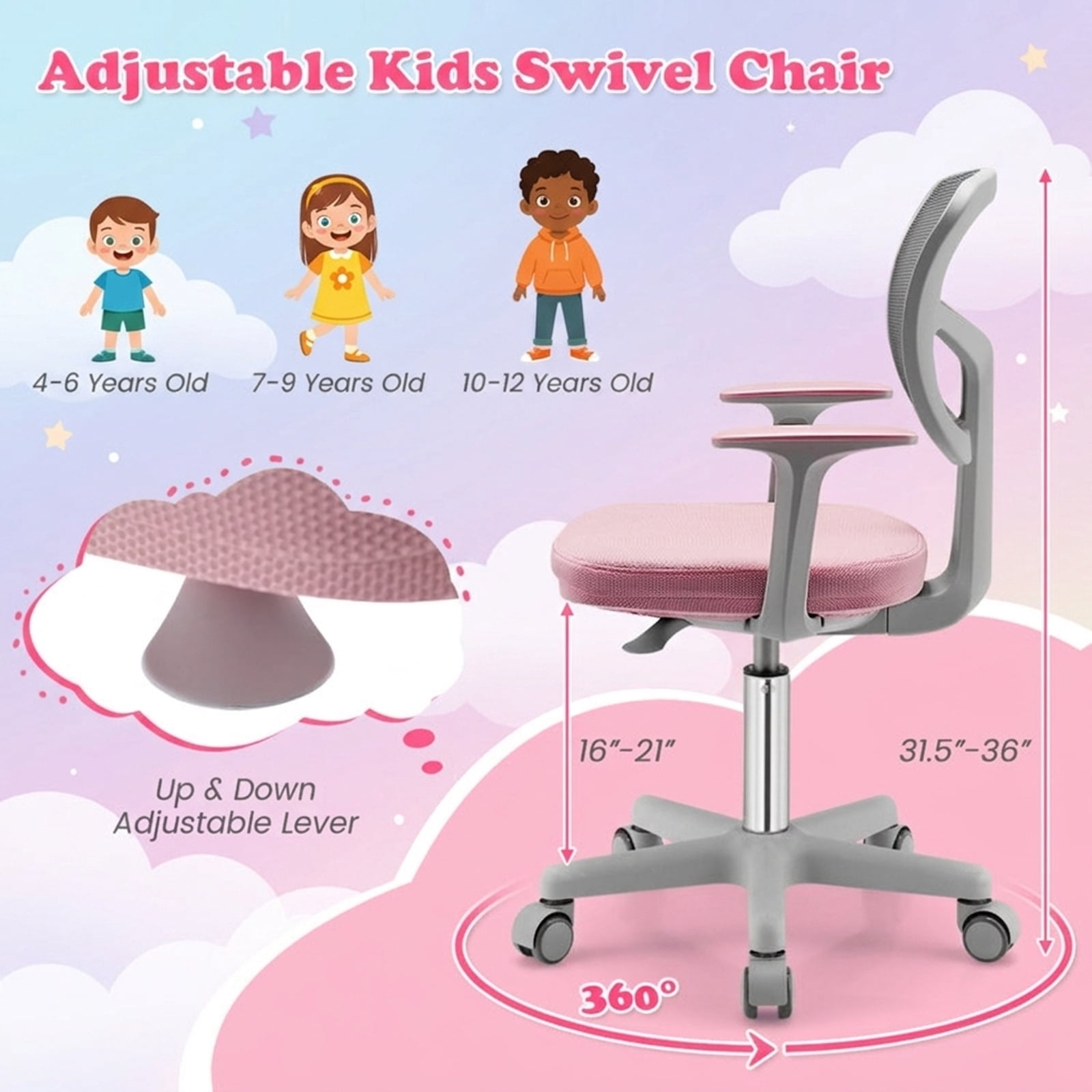 Furnibear Kids Chair Adjustable Desk Chair with Auto Brake Casters for Kids, Pink