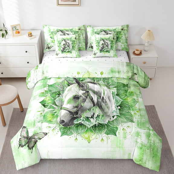 Horse Print Bedding Comforter Sets 7pcs Animal Wildlife Bed in a Bag,Tribal Mandala Floral Twin Bedding Sets Green Oil Painting Comforter Set,Modern Ombre Bedding Sets & Collections