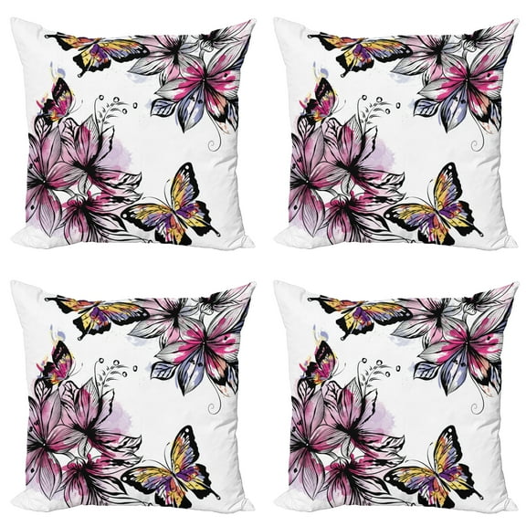 Ambesonne Floral Throw Pillow Cover 4 Pack, Blooms Botany Colorful, 18", Multicolor