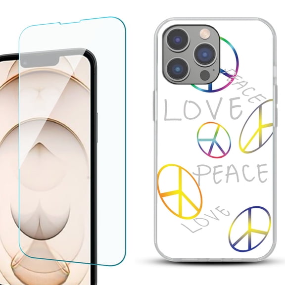 OneToughShield ® for iPhone 15 Pro Max Shockproof Fashion Phone Case, with Tempered Glass Screen Protector - Love/Peace