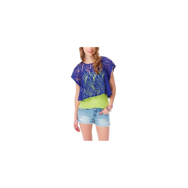 Aeropostale Womens Sheer Cropped Lace Basic T-Shirt, Blue, Juniors, Small