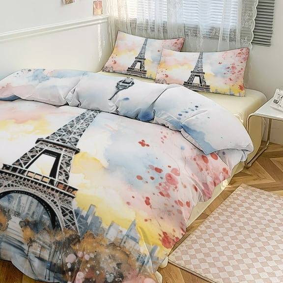 3PCS Eiffel Tower Duvet Cover Set Twin, 1 Duvet Cover And 2 Pillowcase, Duvet Cover for Kids Girls Boys And Teens