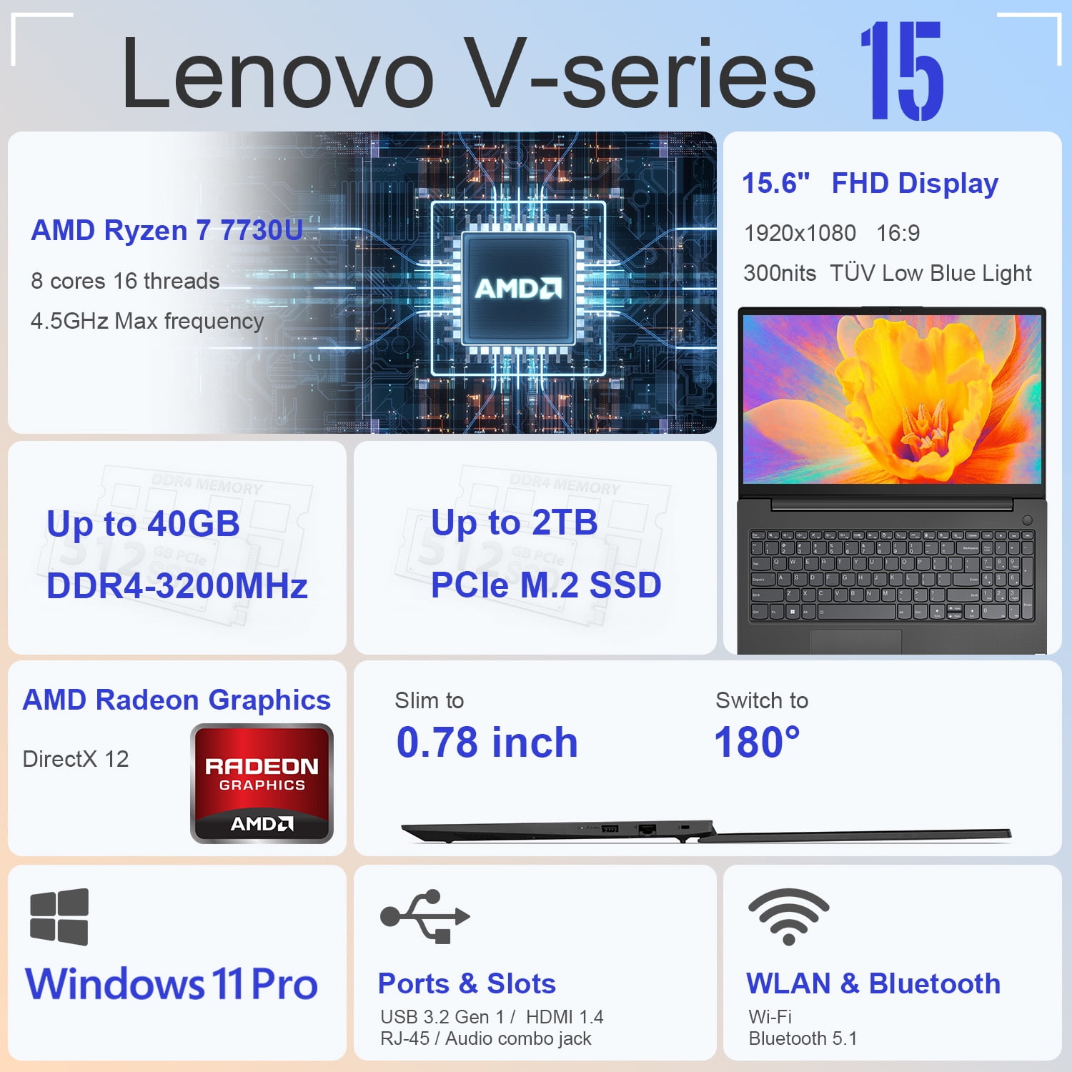 Lenovo Newest V15 Laptop Windows 15.6 inch Laptop, AMD Ryzen 7 7730U, 16GB RAM, 512GB SSD, Black