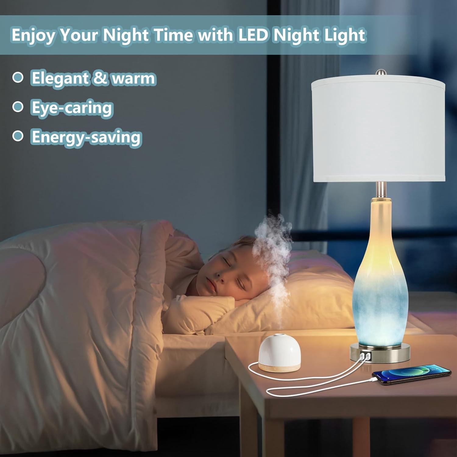 Nordic Hygge 26in Tall Glass Table Lamps Set of 2 with 2 USB Charging Ports & LED Nightlight