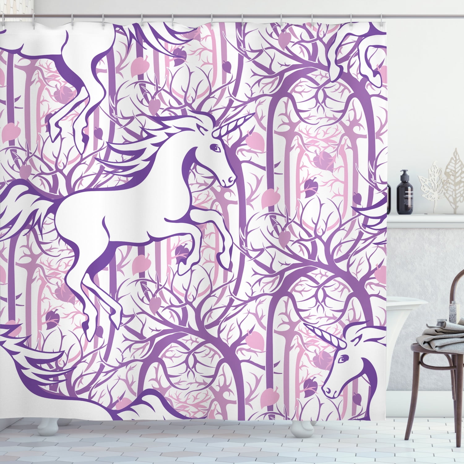 Unicorn Shower Curtain, Unicorn Galloping on Curved Swirled Tree