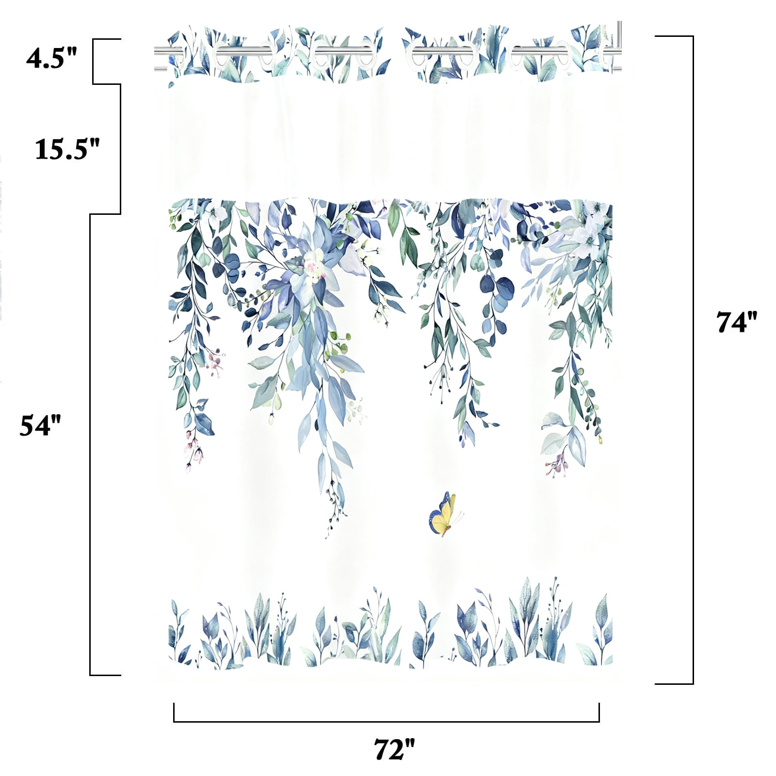 NIUBIER No Hook Shower Curtain with Snap in Liner Set, Blue Eucalyptus Leaf Butterfly Bath Curtain with Botanical Plant for Bathroom, 71"x74"