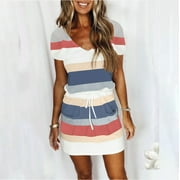 Aimik Summer Dresses for Women Casual V Neck Short Sleeve Dress Striped Drawstring Mini Dress with Pockets & Belt