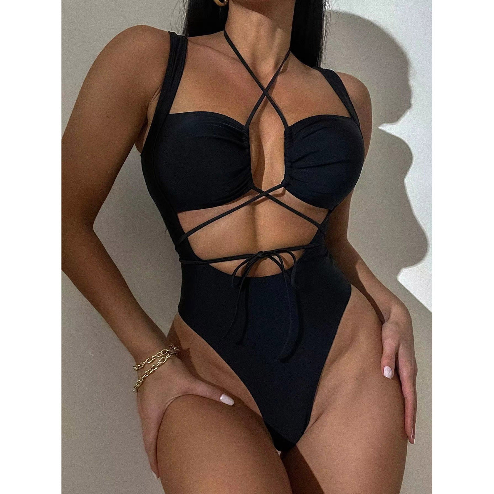 Herrnalise Women's Attractive One-piece Swimsuit Female Lace-up Hollowed  Out Backless Lace-up Bikini Bikinis for Women