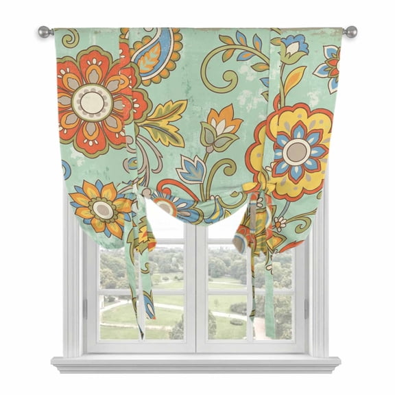 Teal Green Boho Floral Balloon Curtains for Living Room/French Door, Vintage Abstract Art Ethnic Flowers Tie Up Curtains 63 Inch Length Energy Saving Kitchen Curtains Shades for Windows 42"x63"