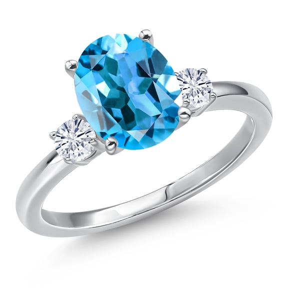 Gem Stone King 14K White Gold Swiss Blue Topaz and White Moissanite Engagement Ring for Women | 3.40 Cttw | Oval 10X8MM | Gemstone November Birthstone | Size 8