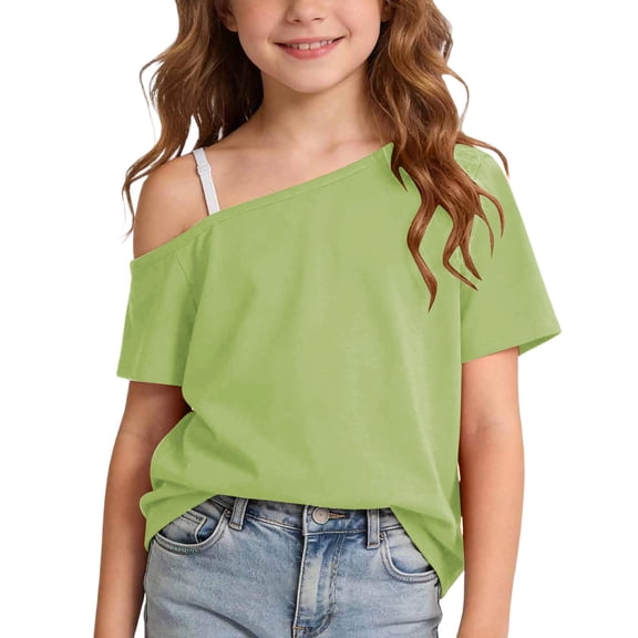 RRMuAzgs Girls T Shirts One Shoulder Short Sleeve Casual Kids Blouse Summer Vacation Loose Casual Tees Tops
