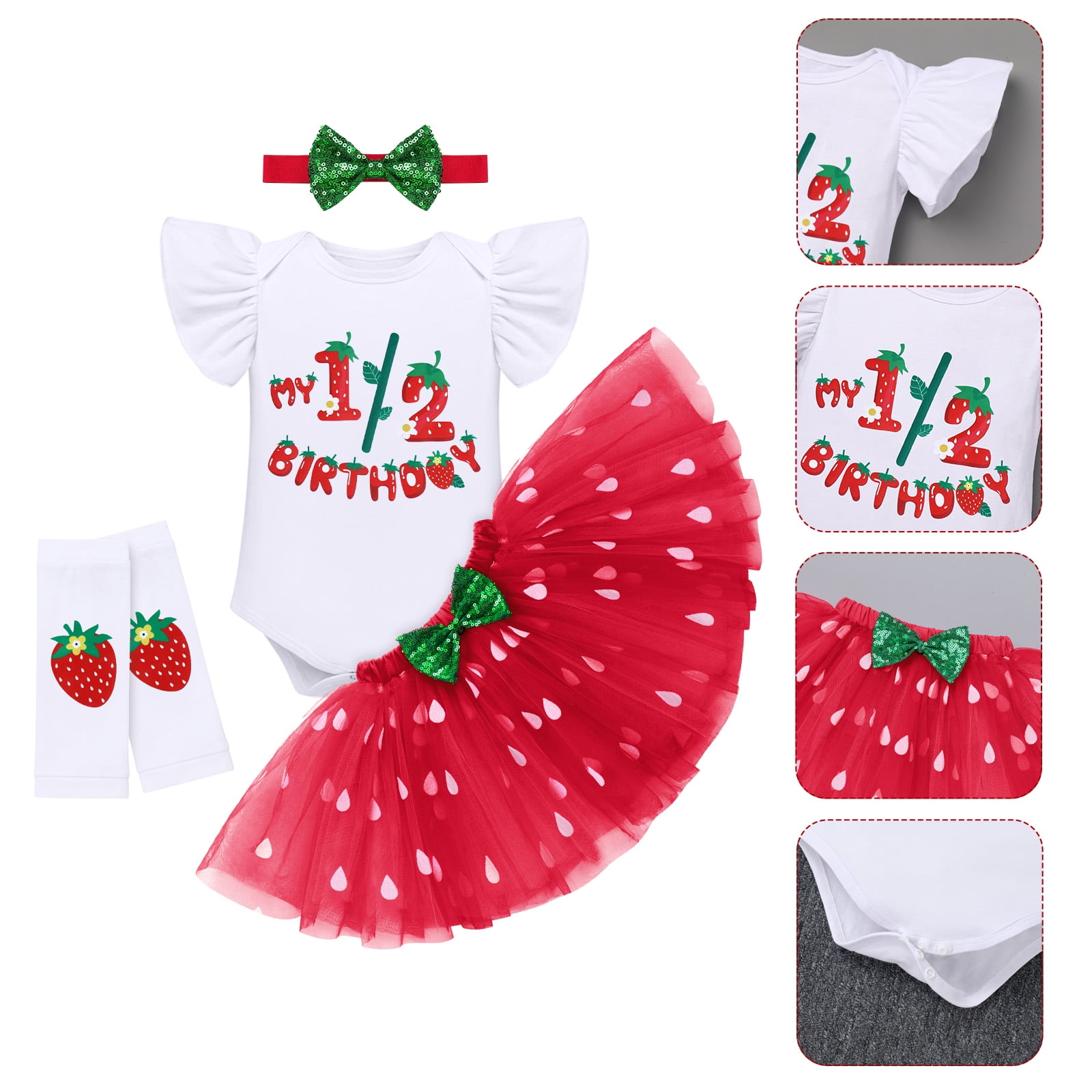 IBTOM CASTLE Baby Girls Strawberry 1/2 1st 2nd 3rd Birthday Outfit Romper Tutu Skirt Headband Leg Warmers for Cake Smash Photo Shoot 6 Months Red Strawberry - 1/2 Birthday