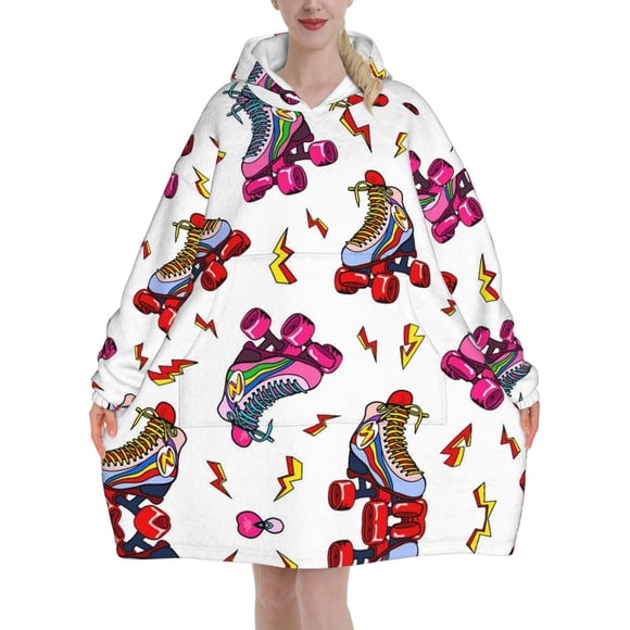 Colorful Roller Skates Print Blanket Hoodie Oversized Wearable Hooded Blanket Warm Throw Blanket Sweatshirt For Women Men Teens