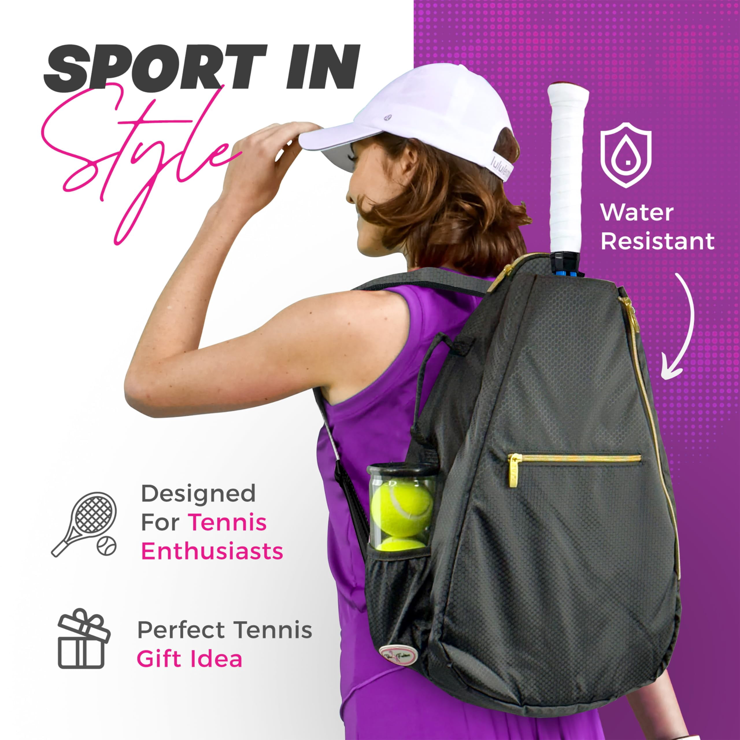 Taboo Fashions Womens Tennis Backpack Ladies Tennis Bag Holds Two Racquets, Padded Straps and Side Carry Handle (Gold Luxe)