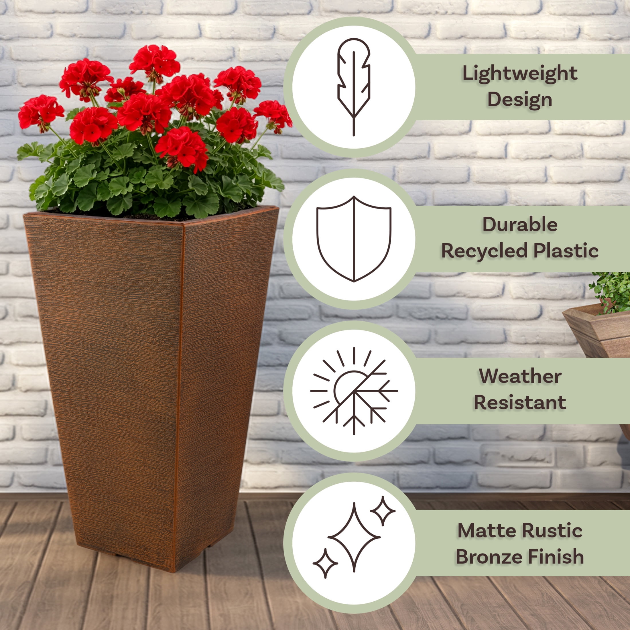Pure Garden Large Outdoor Planters 2-Pack - 22.4” Tall Planters for Outdoor Plants or Indoors, Bronze