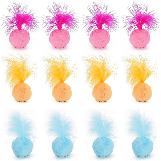 Juguete para gatos con sonajero peludo, plumas y hierba gatera, bolas de pompones interactivas para gatos, suaves y livianas, 2 pulgadas, paquete a granel. - Paquete de 12