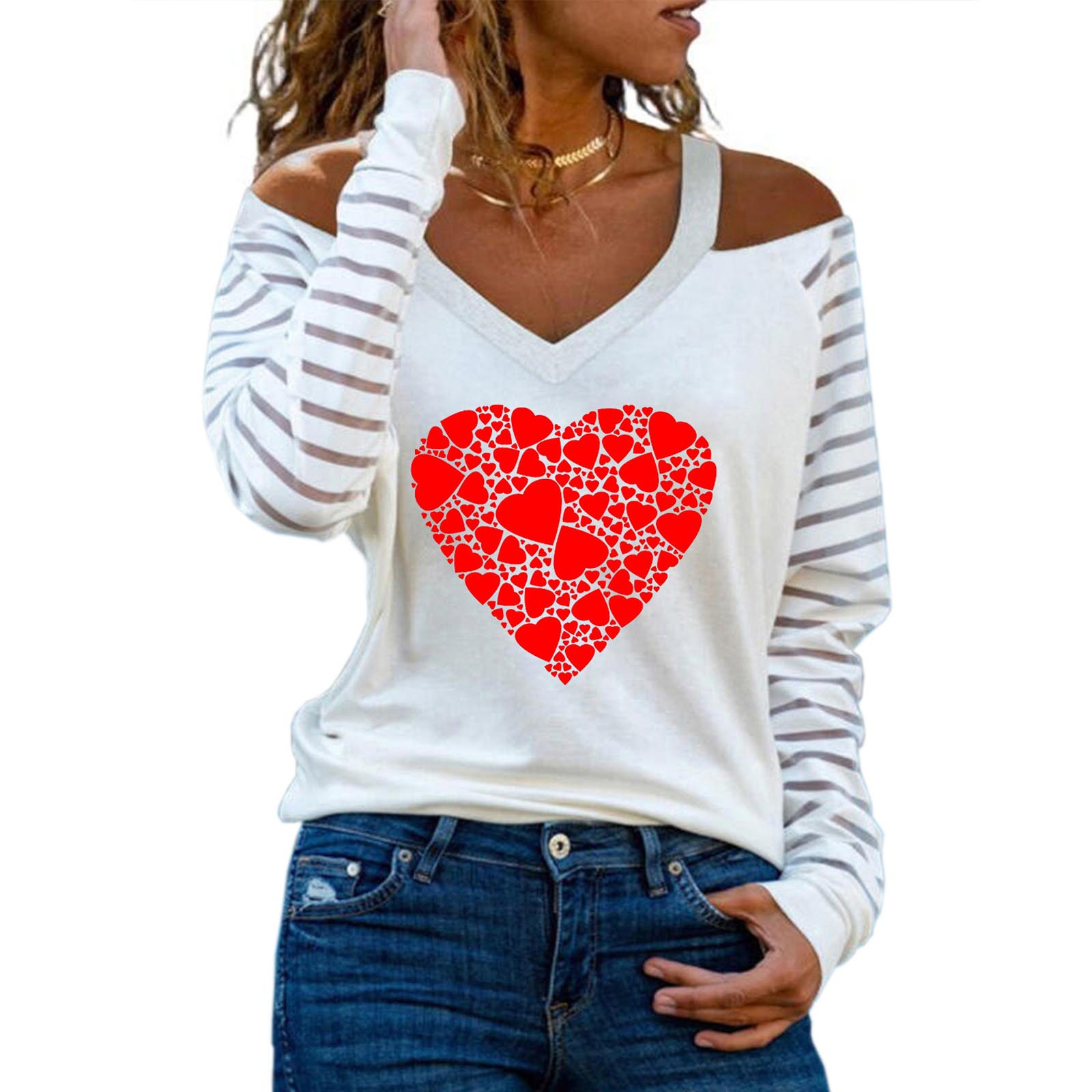 Women Sparkly Heart Shirts Fashion Sweetheart Collar Cold Shoulder Stripe Long Sleeves T-Shirt Pullover Tunic Tops - image 2 of 5