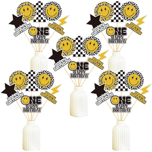 30 Pcs One Happy Dude Birthday Party Centerpiece Sticks Smile Face Table Toppers Centerpieces for Kids First Birthday Party Hippie Groovy Decoration