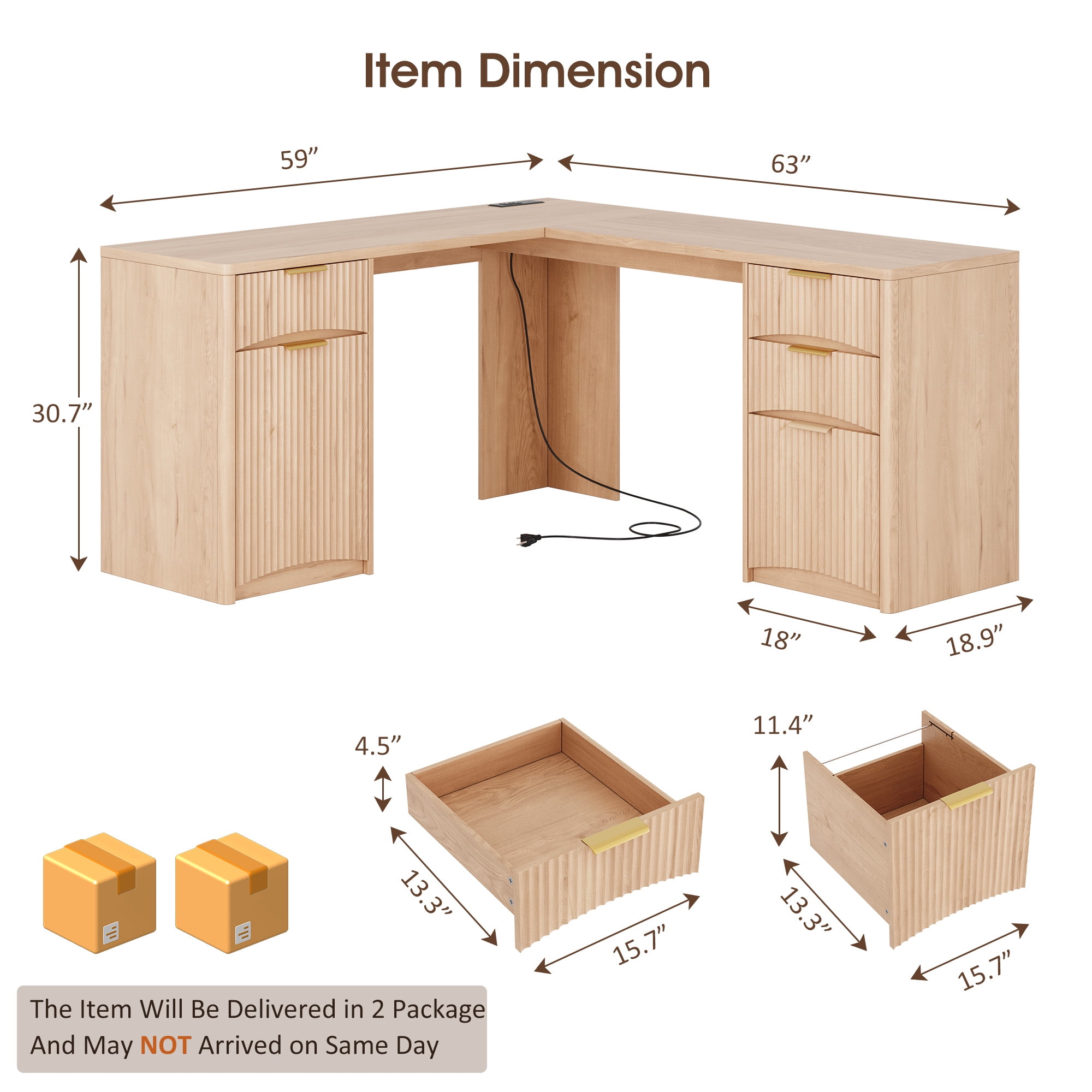 63'' Fluted L Shaped Desk with Drawers, Corner Computer Desk with Storage, Modern Executive Home Office Desk with File Cabinet and Charging Station, Natural Oak