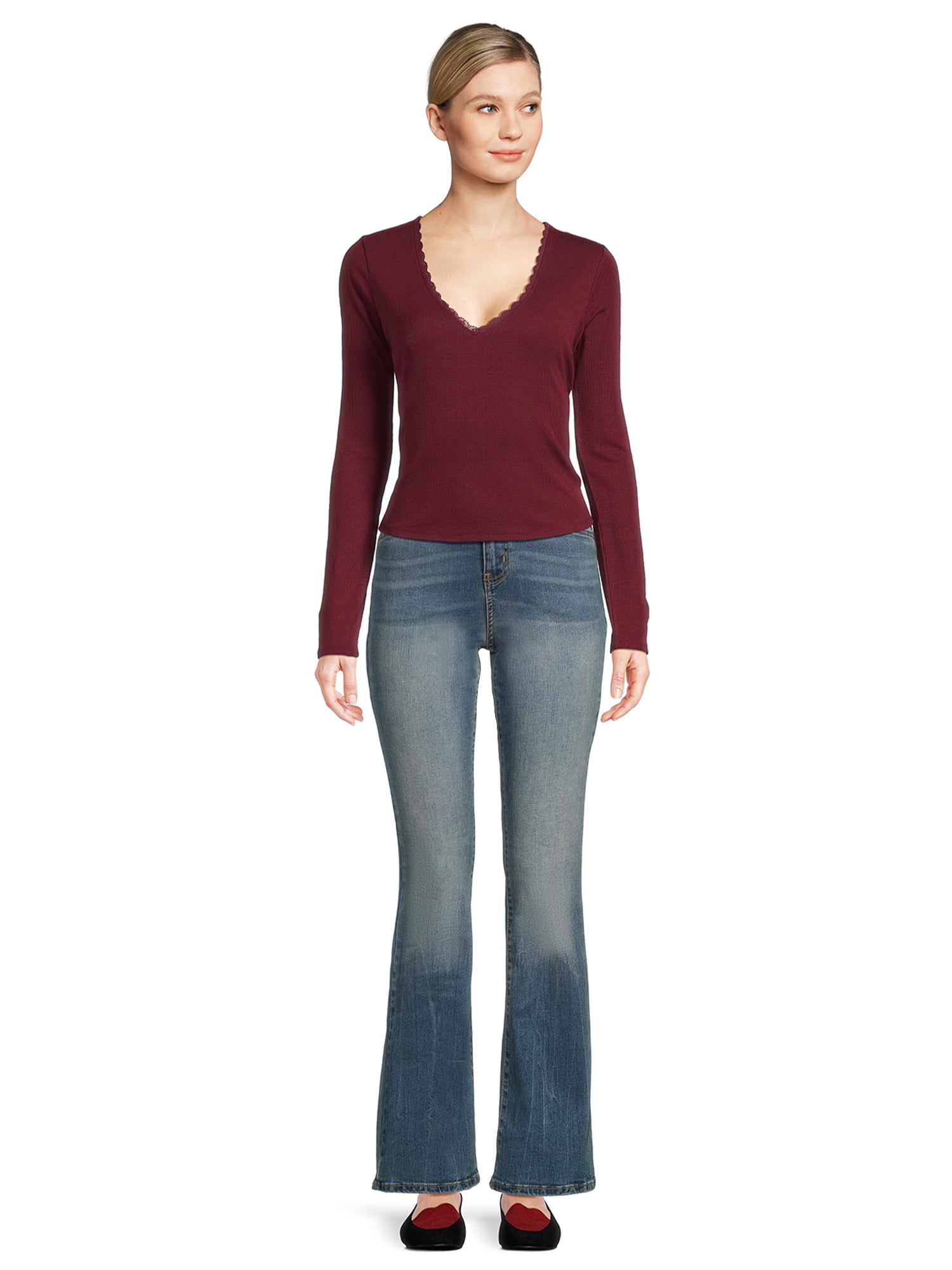 Self Esteem Juniors Lace Trim V-Neck Tee with Long Sleeves