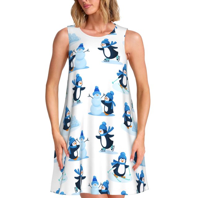Easygdp Penguin Winter Fun para Vestido Transpirable de Mujer, Vestido Suelto de Manga Corta con Pliegues y Bolsillos para el Verano