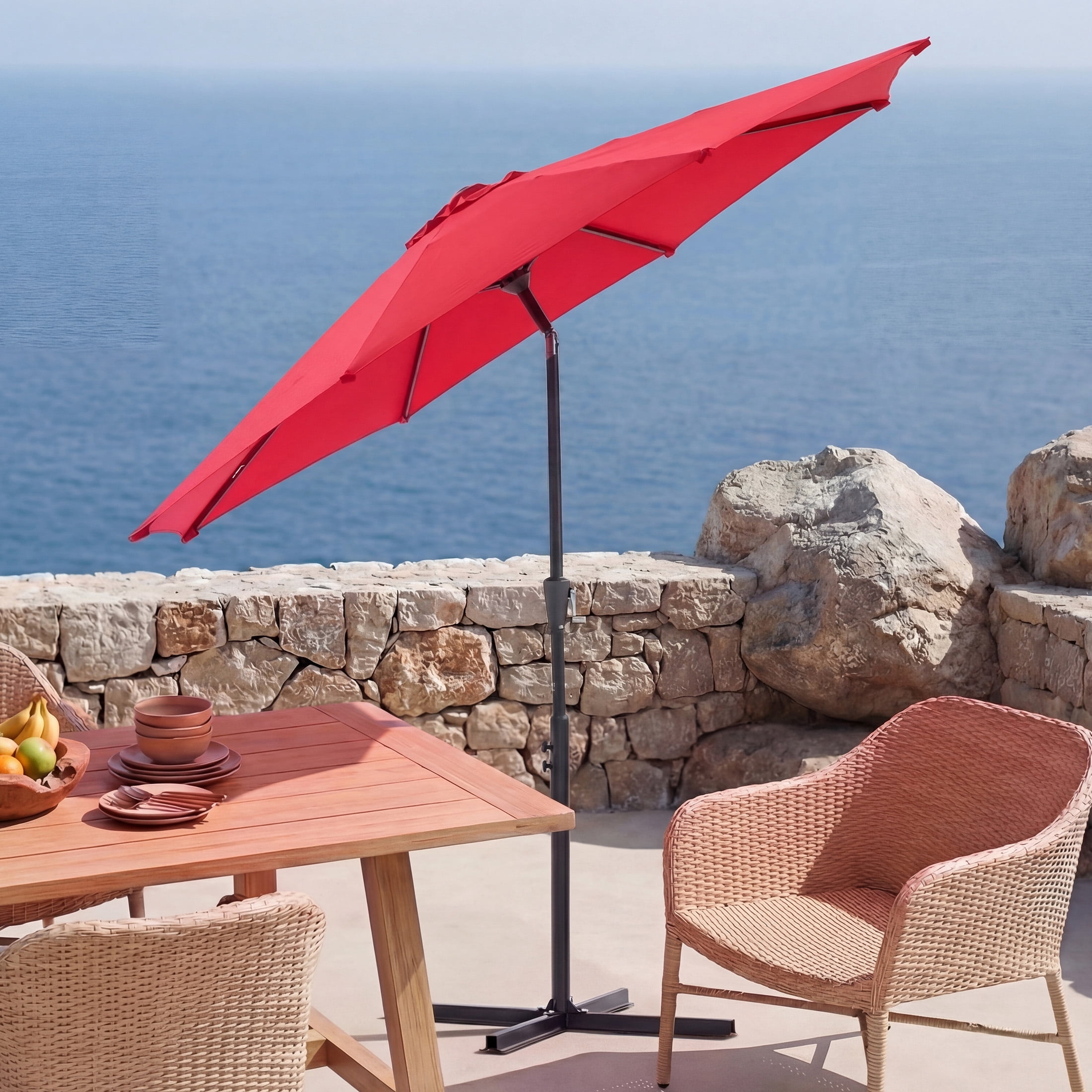SHOUFTW 9 ft Patio Market Umbrella, Outdoor Table Umbrella with Crank Lift and Tilt, Round Sun Shade for Garden, Deck, Backyard, Poolside, Khaki, Red