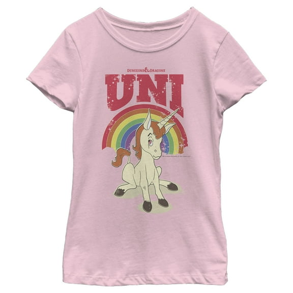 Girl's Dungeons & Dragons Uni Unicorn Rainbow Cartoon Graphic Tee Light Pink X Small