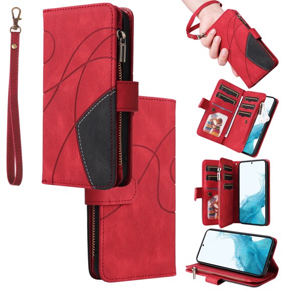 Multifunctional Case for Samsung S20,[RFID Blocking] 9 Credit Cards Holder with Wrist Strap, Premium PU Leather Zipper Wallet Purse Magnetic Flip Phone Cover for Samsung Galaxy S20, Red