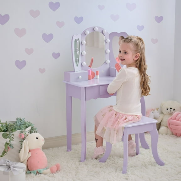 Teamson Kids Heart-Shaped Wooden Vanity Set with LED Lights, Triple Mirror & Storage Drawers, Purple