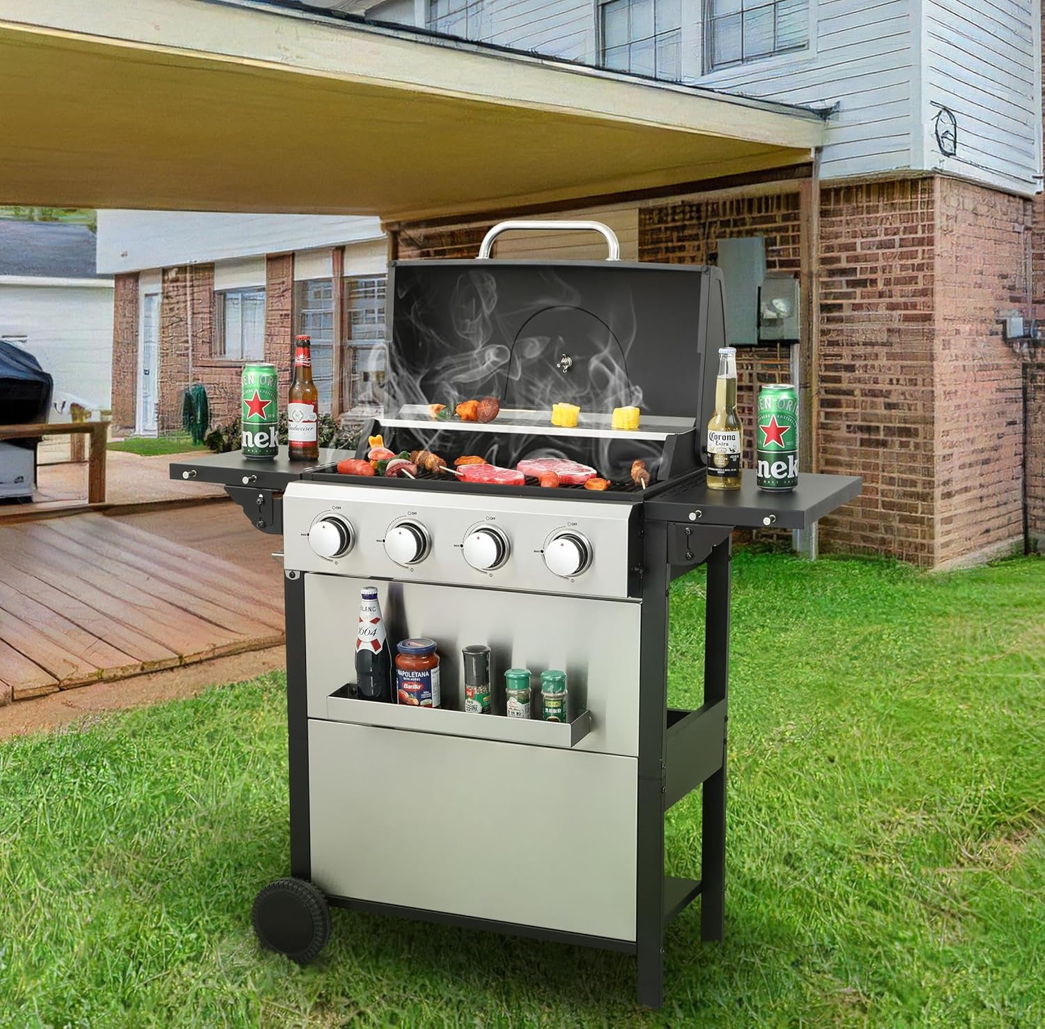 YINGYING 3-Burner Propane Gas Grill,  36900TU Output Stainless Steel BBQ Grill with Wire Enamel Cooking Grids & Foldable Side Table for Outdoor Backyard Barbecue