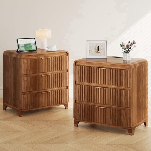 23.6" Wide Nightstand Set of 2 with Charging Station,Modern Fluted Bedside Table with 3 Drawers & Metal Handle for Bedroom Living Room Furniture,Walnut Color