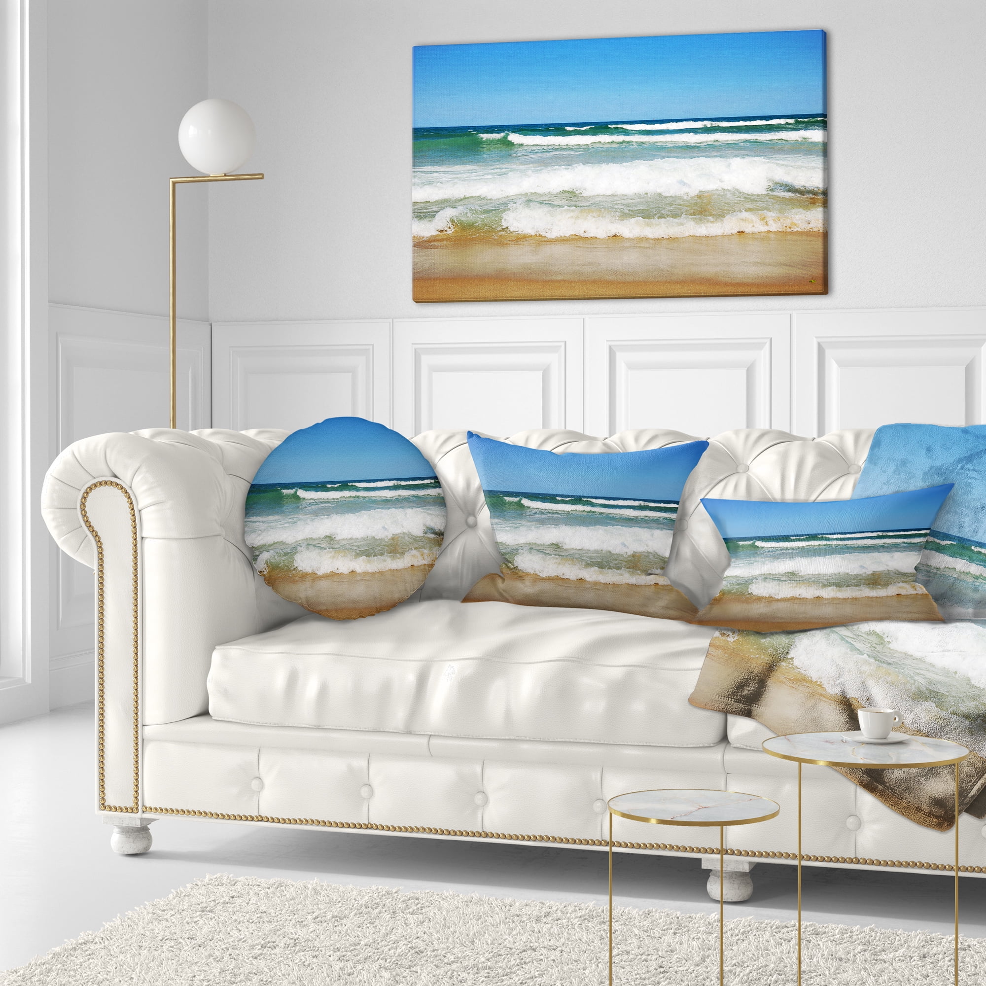 Designart Beautiful Empty Beach under Blue Sky - Seashore Throw Pillow - 12x20