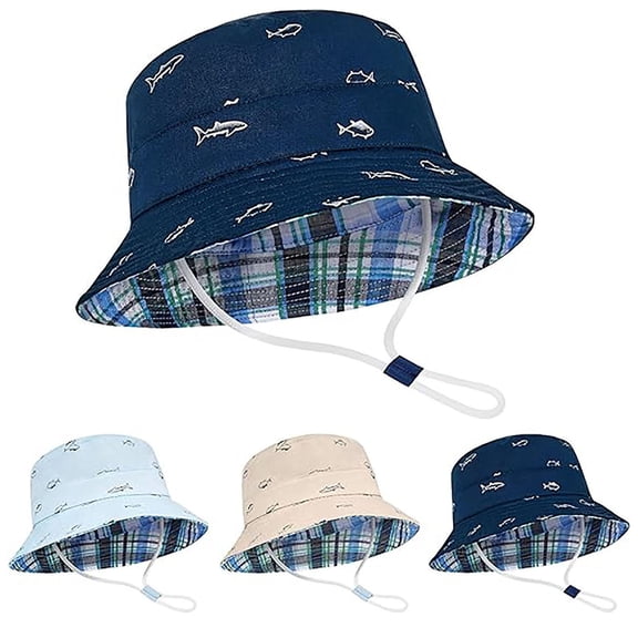 Jinhomg Baby Sun Hat Kids Sun Protection Toddler Plaid Lining Bucket Hat Wide Brim Adjustable Summer Beach Hats for Boys Girls 6M-14Y,Navy