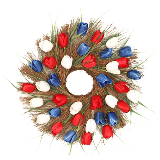 Corona para puerta de entrada, corona artificial, guirnalda de flores con hojas verdes, Blanco Rojo Azul 40cm