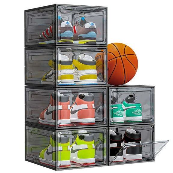 OKENTEN 6 Pack Sturdy Shoe Storage Boxes with Magnetic Front Doors, Stackable Organizer,Black