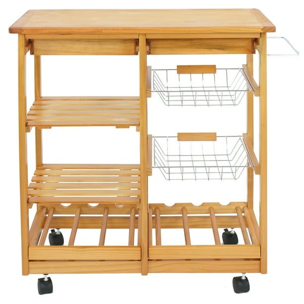 Zeny Kitchen Cart Island Wooden Storage, Wooden Rolling Storage Cart With Drawers