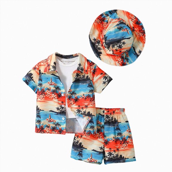 Xudanell Boys 2 Piece Button Down Hawaiian Sets Short Sleeve Shirt and Shorts Outfits with Bucket Hats for 5-16 Years (Red, 6 Years)