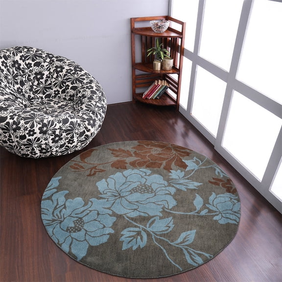 Rugsotic Carpets Hand Tufted Wool Eco-Friendly 6'x6' Round Gray Blue Floral Modern High Pile Thick Handmade Anti Skid Indoor Area Rug K00514