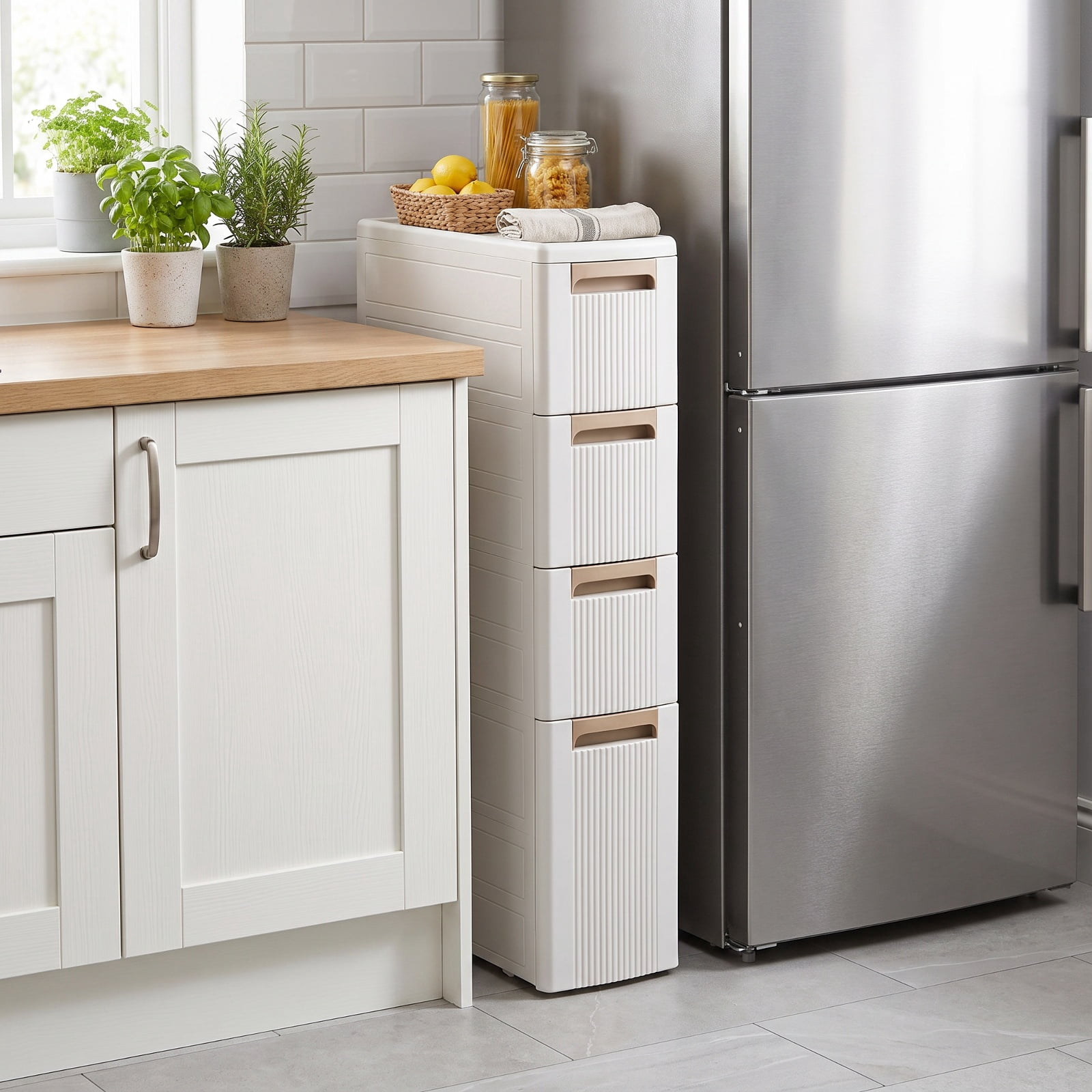 Vebreda Freestanding Bathroom Storage Cabinet, Narrow Storage Cabinet with Drawers and Removable Dividers, Multi-Layered Storage