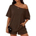 thumbnail image 2 of Shirt and Shorts Set Womens 2 Piece Matching Lounge Sets Short Sleeve Off Shoulder Tops Summer Beach Vacation Mini Shorts M, 2 of 7