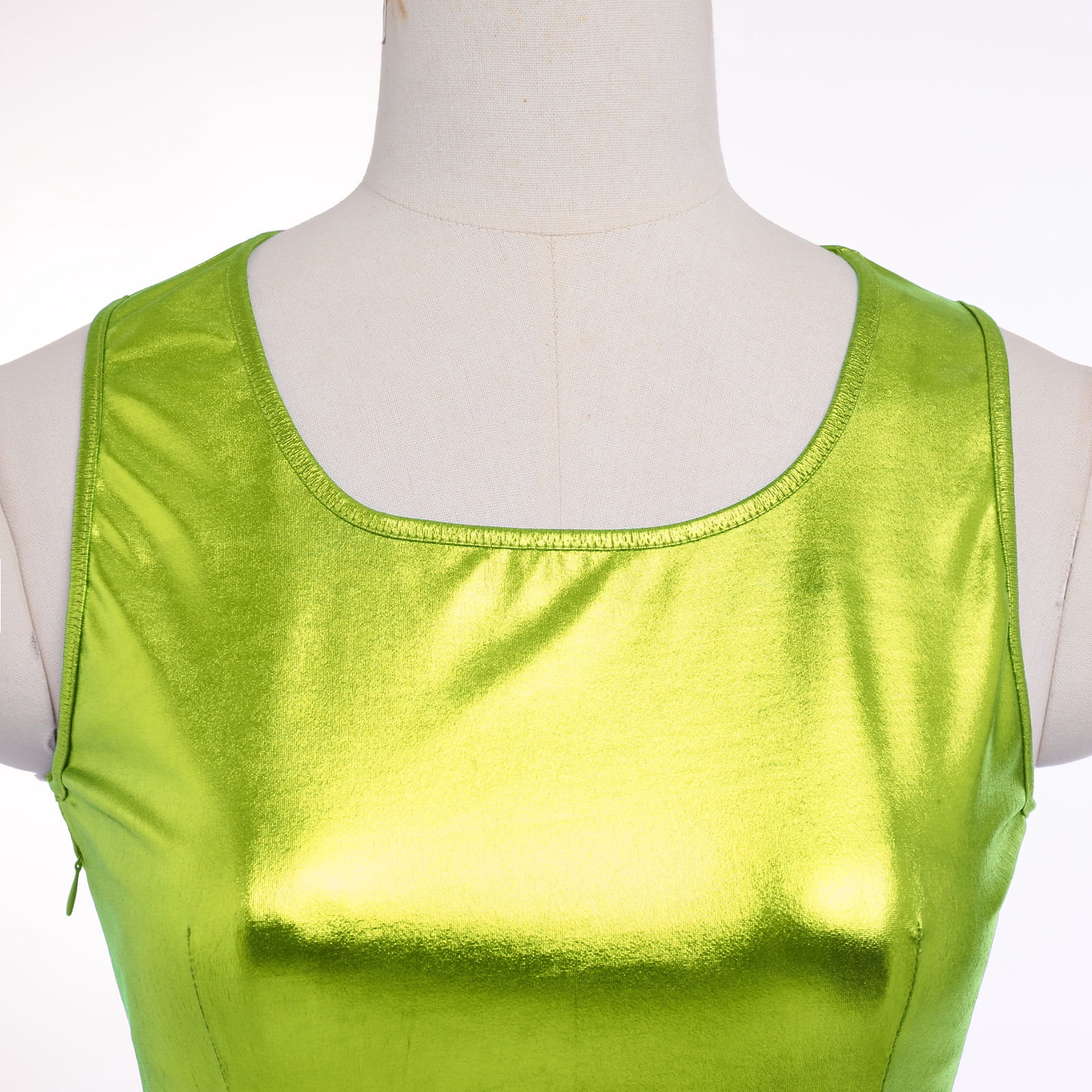 IBTOM CASTLE Women's Shiny Metallic Dress Sexy Sleeveless Mini Skater Dress Holographic Party Rave Dance Clubwear Anime Cosplay Halloween Clothes XXL Green