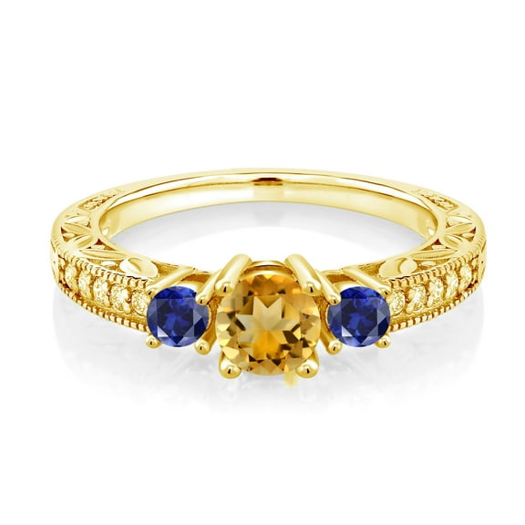 Gem Stone King 1.90 Ct Yellow Citrine Blue Created Sapphire 18K Yellow Gold Plated Silver Ring (Size 8)