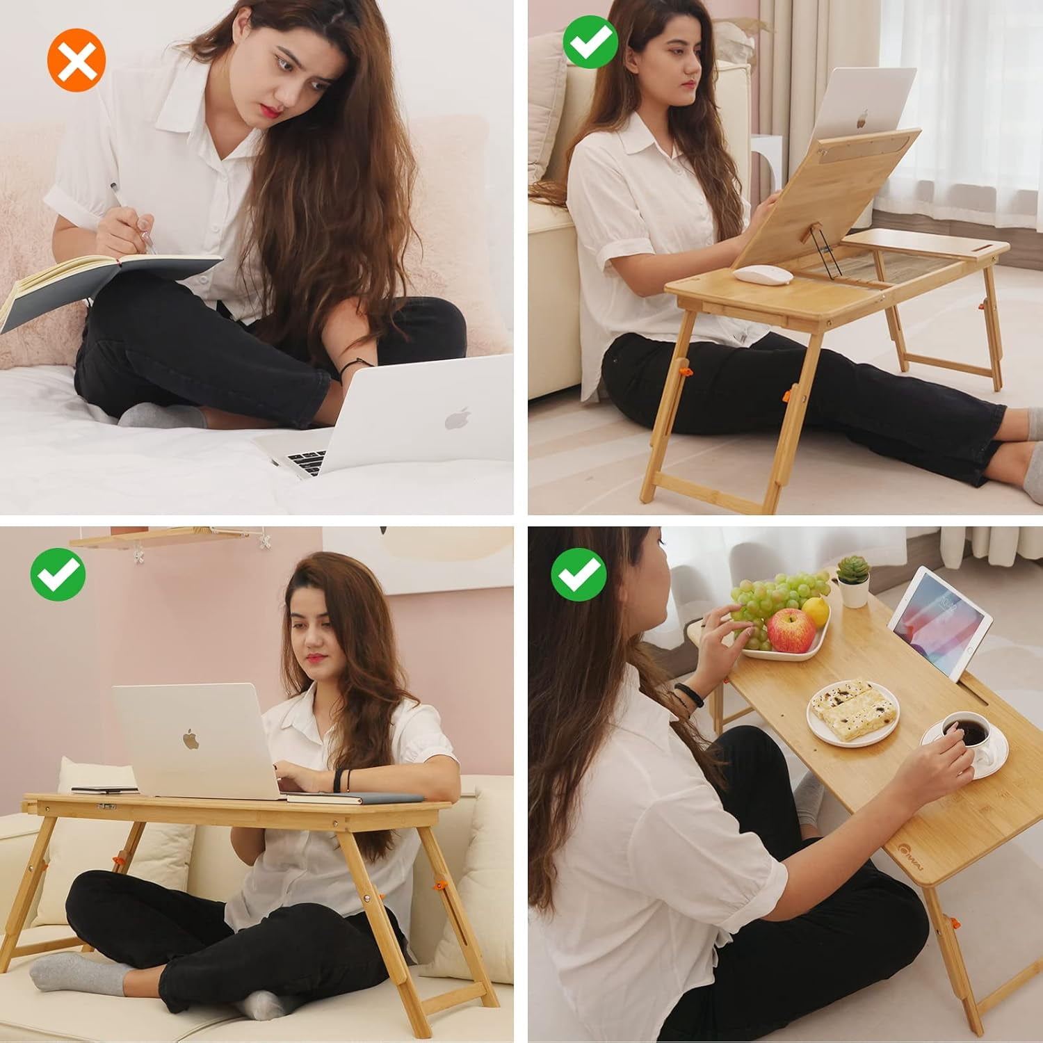 Large Bamboo Lap Desk with Adjustable Height & Angle, Foldable Bed Table with Drawer & Tablet Slot for Laptop Writing Eating Sofa Floor