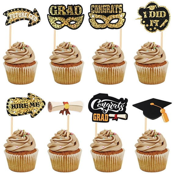 PRETYZOOM 72 Pcs Graduation Cake Toppers Food Appetizer Picks Mini Cake Decorations Graduation Party Cupcake Toppers (8 Styles, 9 for Each)