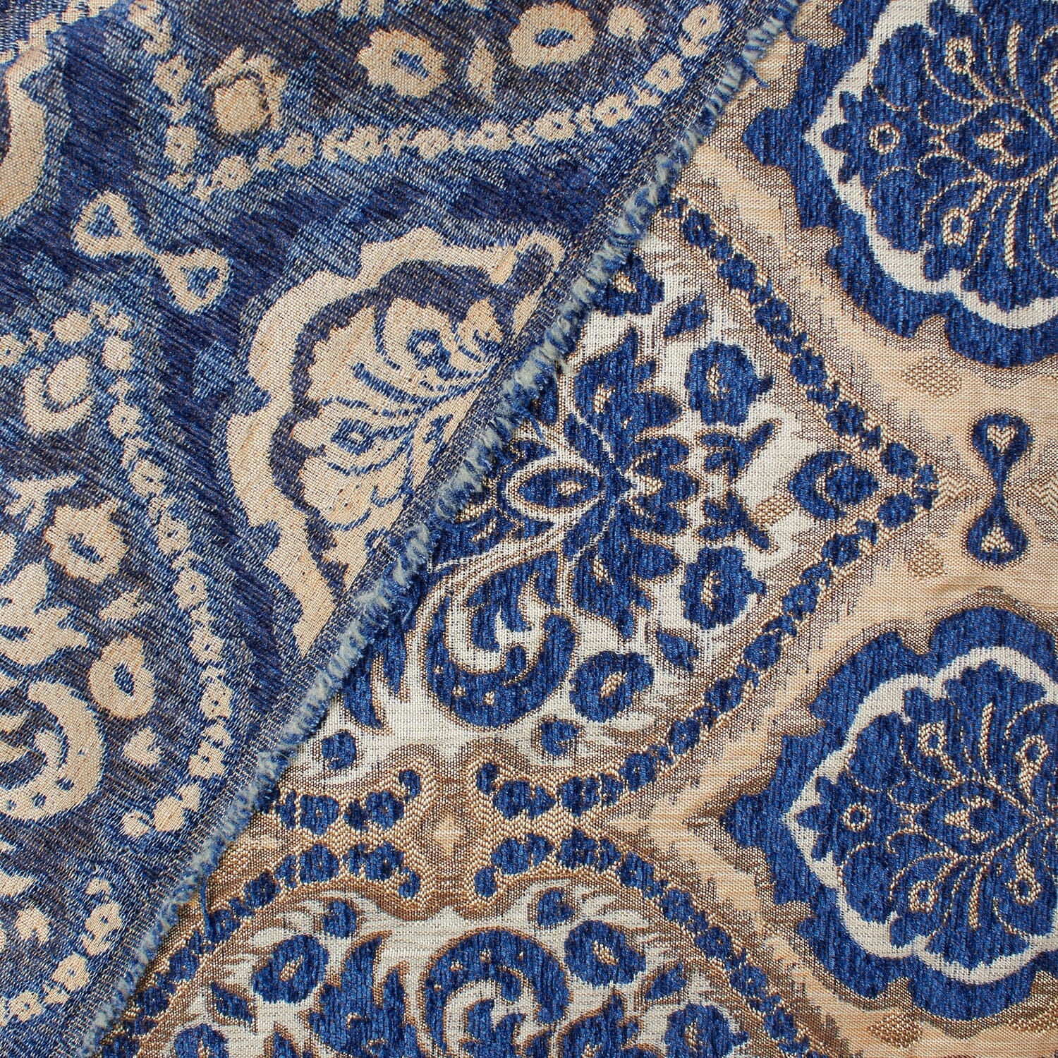 Baroque Floral Two Tone Chenille 57" Heavyweight Upholstery Jacquard Polyester Fabric By The Yard (Beige / Royal Blue, 1 Yard)