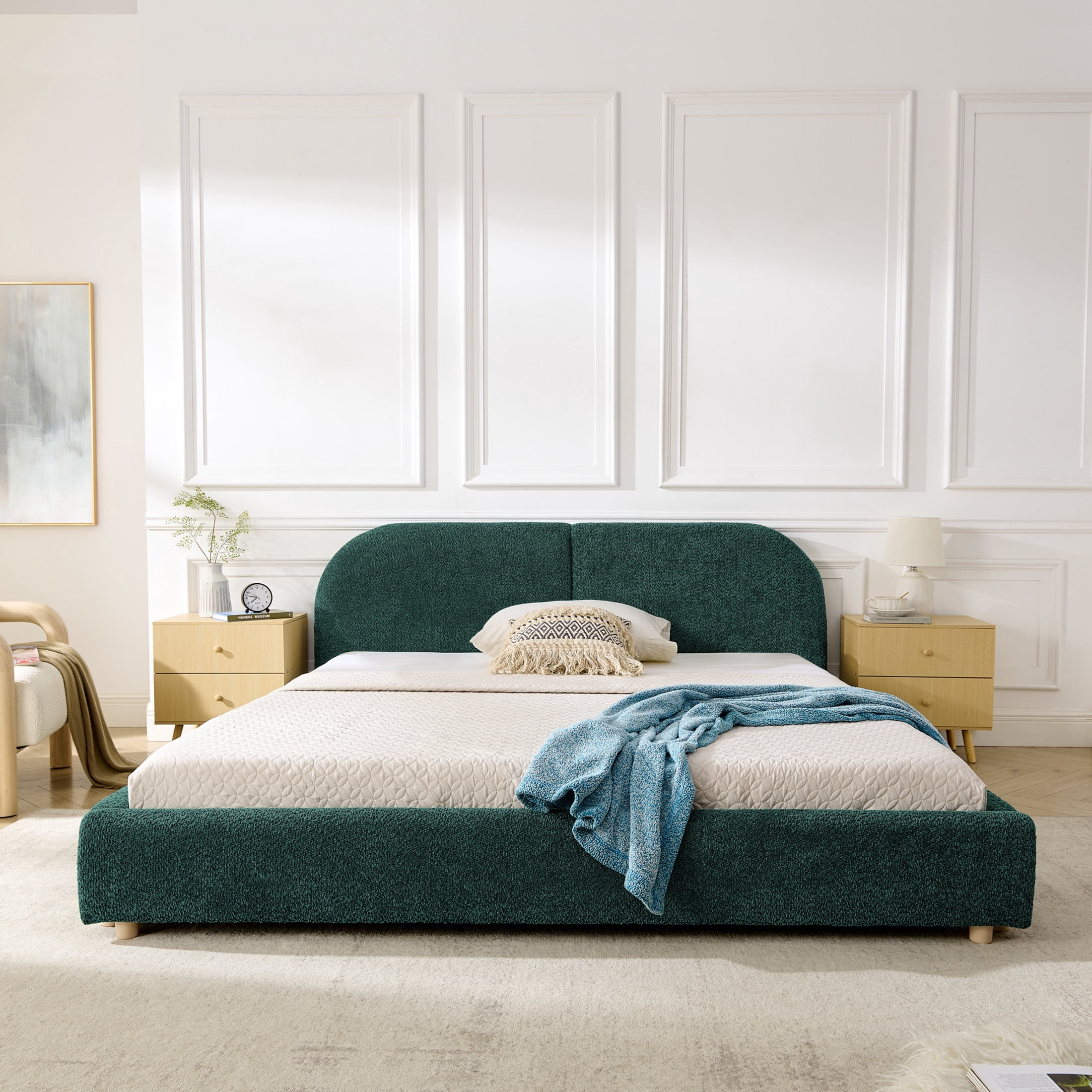 Noble House Roland Queen Size Yarn Upholstered Bed Frame, Tall Curved Headboard Platform Bed, Sturdy Support, Green
