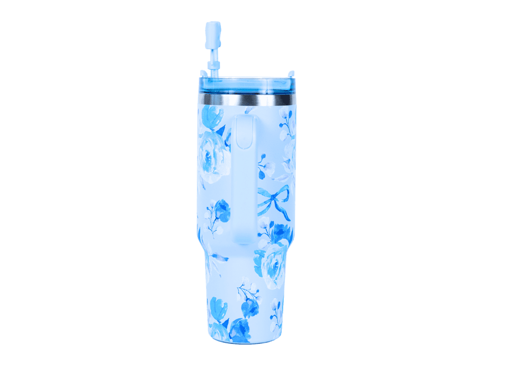 Hi Peach Layne Blue Floral Tumbler 40oz with Straw, Handle, & 30g Bath Bomb Inside, Limited Edition