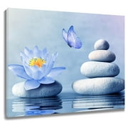 MEUNEAR Zen Floral Wall AIF4 Art Blue Water Lily and Butterfly Stone Canvas Wall Art Spiritual Yoga Spa Picture Framed Wall Art for Living Room Bedroom Bathroom Decor, 12L X 16W inches