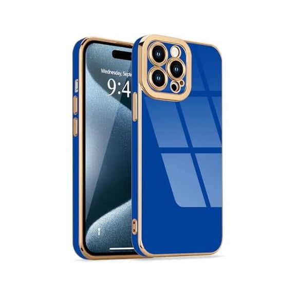 Designed for iPhone 15 Pro Case Cute, Luxury Plating for Women Girls Elegant Gold Edge TPU Bumper Cover with Camera Protection Shockproof Silicone Phone Case for iPhone 15 Pro, Blue